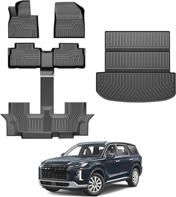 FIILINES Floor Mats & Cargo Liner for Hyundai Palisade 7-Seater 2020-2025, All Weather 3 Rows Floor Liners and Cargo Mat Set Black