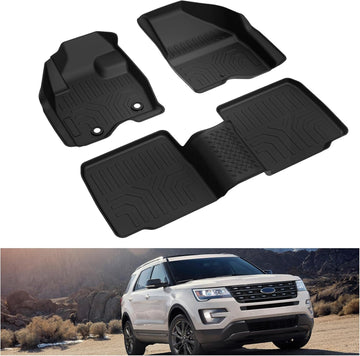 KIWI MASTER Floor Mats Compatible for 2015-2019 Ford Explorer Accessories All Weather Protector Mat Liners Front Rear 2 Row Seat TPE Slush Liner Black