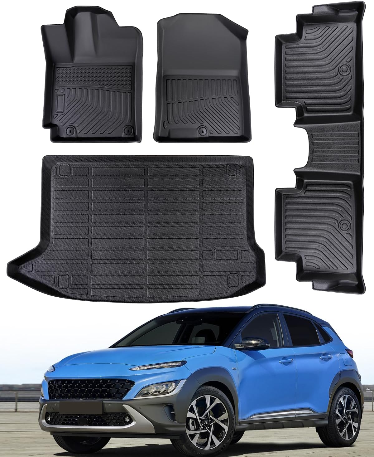 CreekT All-Weather Floor Mats for Hyundai Kona 2018-2023- Custom Fit Black Rubber Car Liners, Waterproof Vehicle Accessories for Front & Rear, Heavy Duty Interior Protection