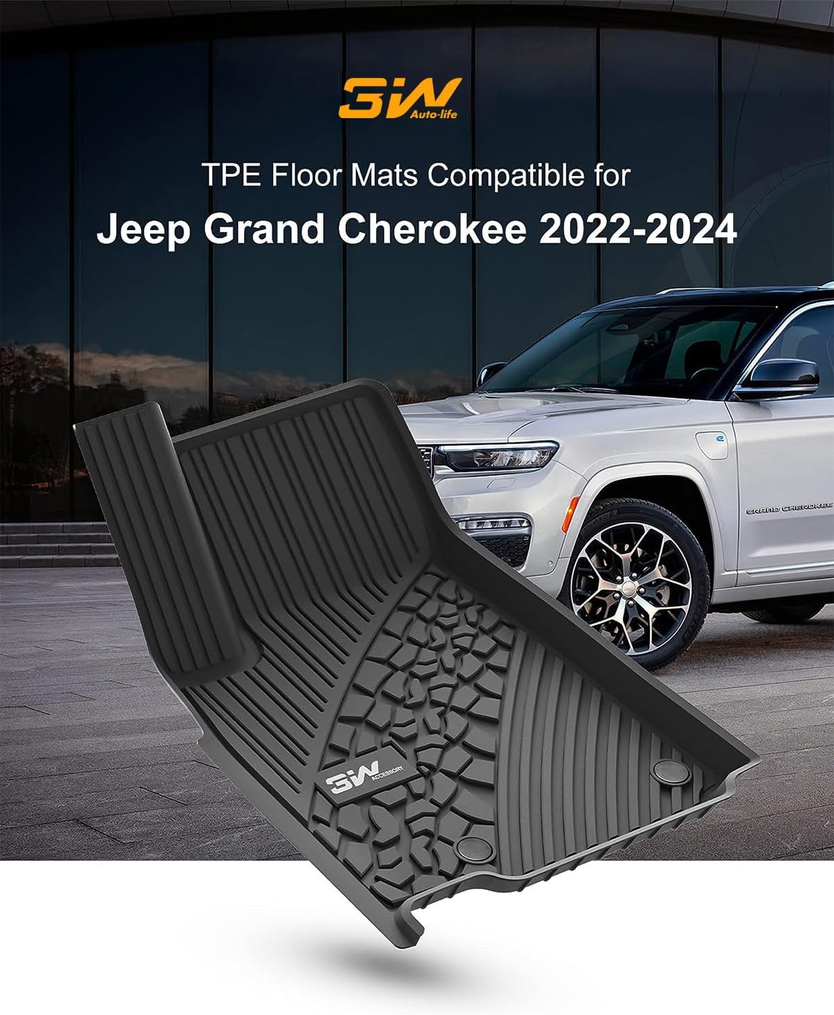 3W Floor Mats&amp;Cargo Liner Compatible for Jeep Grand Cherokee 2022-2024 TPE All Weather Custom Fit Floor Liner 1st 2nd Rows and Trunk Mat Full Set Car Mats, Black