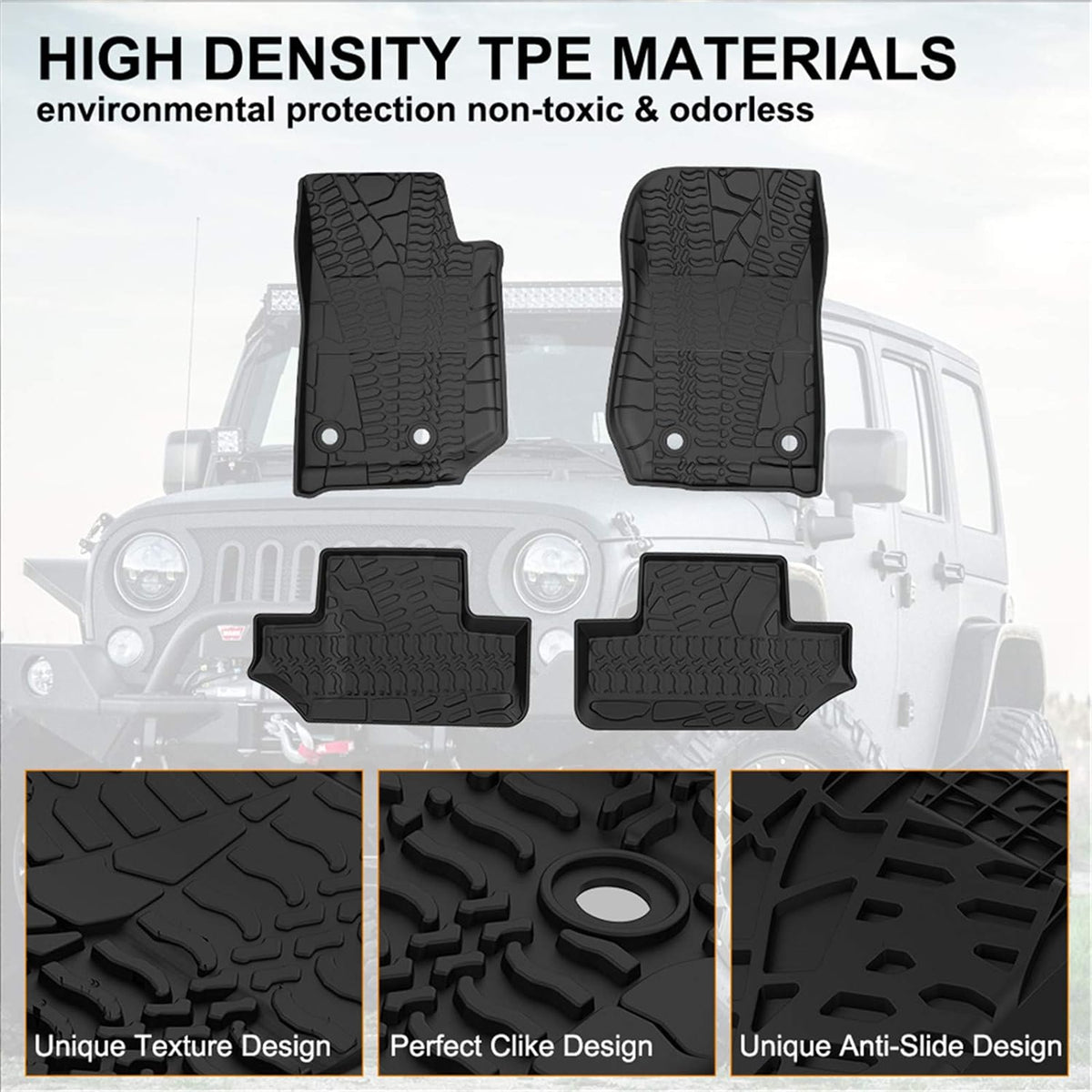 KIWI MASTER Floor Mats Compatible for 2014-2017 Jeep Wrangler JK 2-Door Front &amp; Rear 2 Row All Weather TPE Mat Slush Liners Black