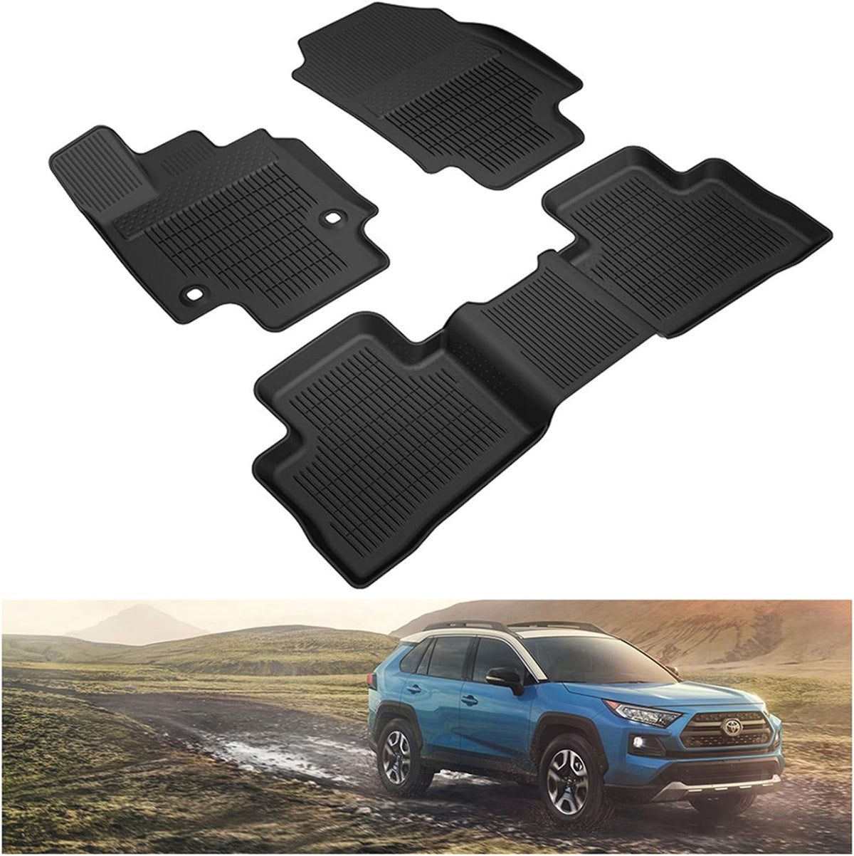 KIWI MASTER Floor Mats Compatible for 2019-2022 Toyota RAV4 All Models Accessories All Weather Protector Mat Liners Front Rear 2 Row Seat TPE Slush Liner Black PT908-42190-02