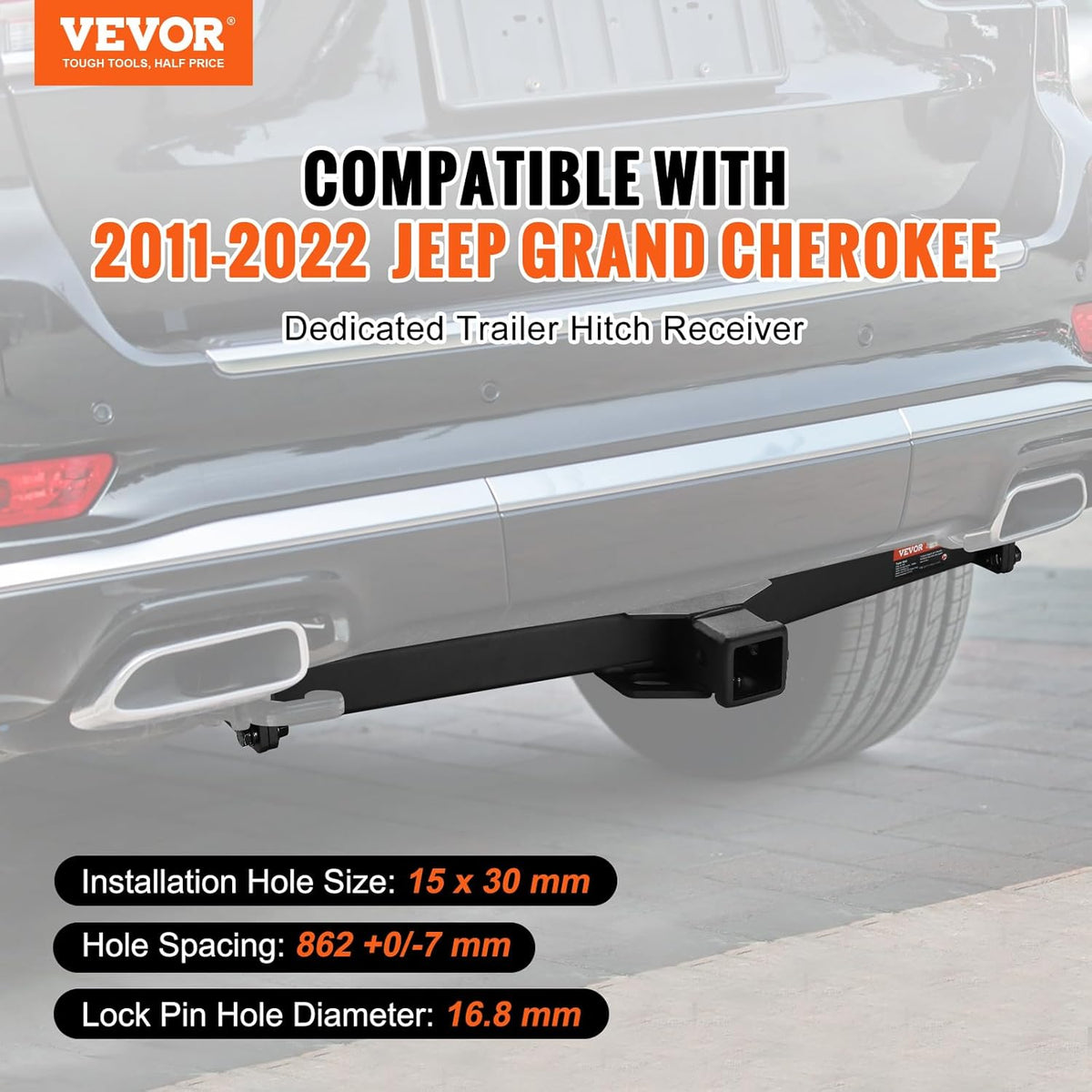 VEVOR Class 3 Trailer Hitch, 2-Inch Receiver, Q455B Steel Tube Frame, Compatible with 2011-2023 Jeep Grand Cherokee, Multi-Fit Hitch to Receive Ball Mount, Cargo Carrier, Bike Rack, Tow Hook, Black