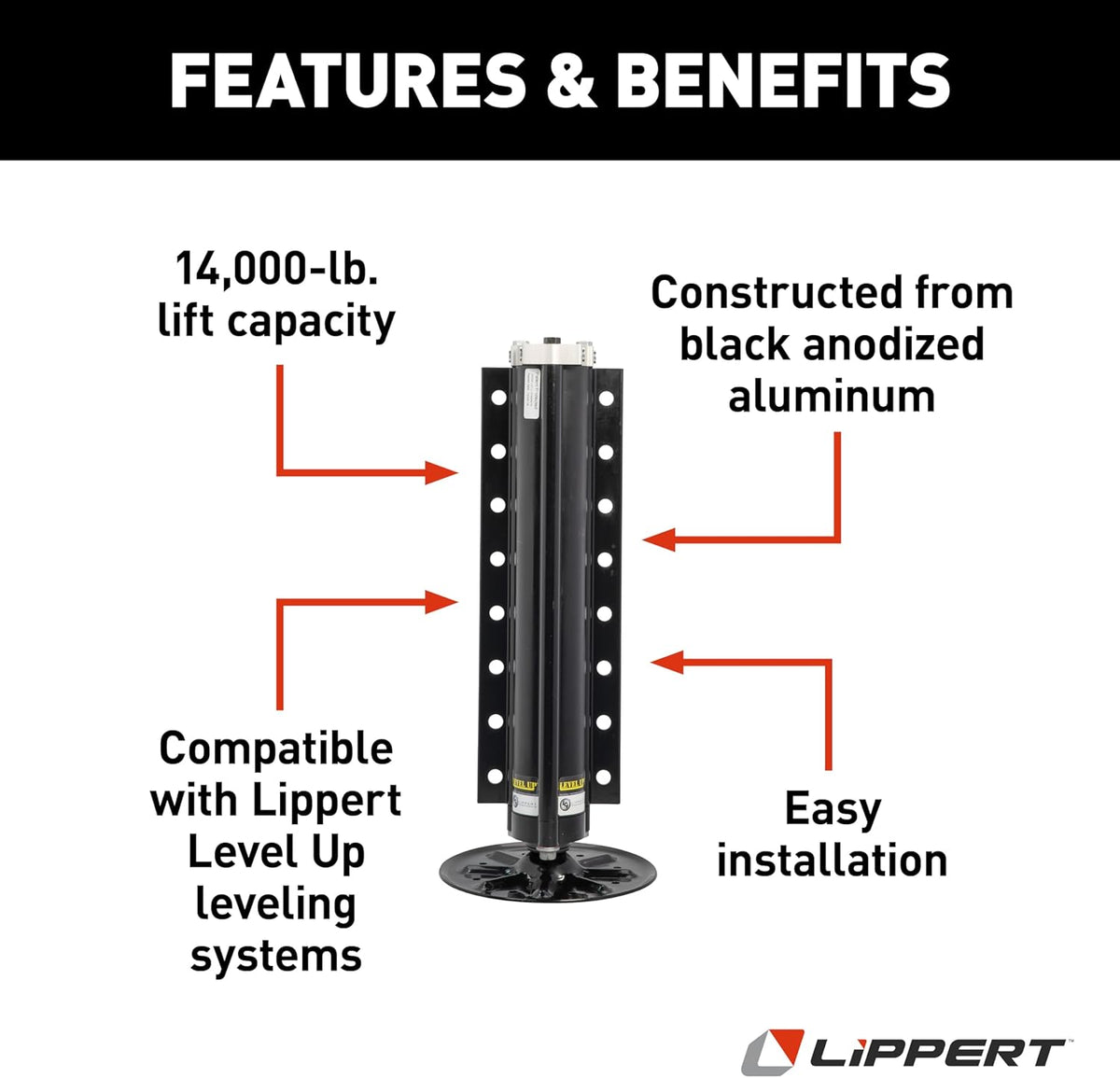 Lippert Level Up Replacement RV Hydraulic Leveling Jack Assembly with 14,000-lb. Lift Capacity, Black Anodized Aluminum Construction, 9” Diameter Footpad - 236560