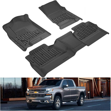 Kiwi Master Floor Mats Liners Compatible for 2014-2018 Chevrolet Silverado/GMC Sierra 1500 Crew Cab, 2015-2019 Silverado/Sierra 2500/3500 HD Crew Cab Front & 2nd Seat All Weather Protector Mat Black