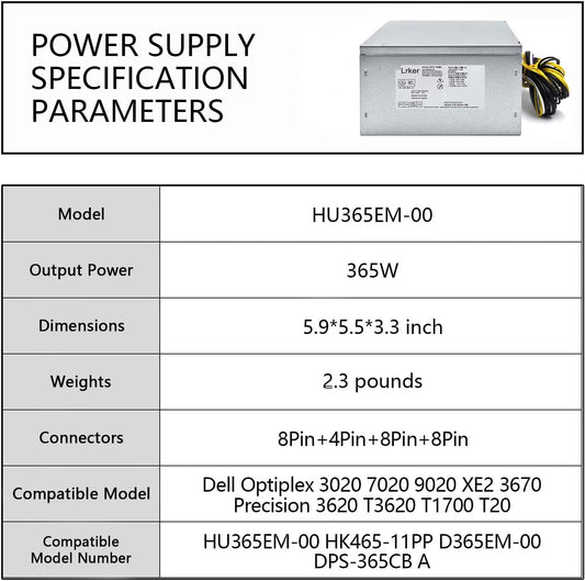 HU365EM-00 HK465-11PP 365W Power Supply Compatible with Dell Optiplex 3020 7020 9020 XE2 3670 Precision 3620 T3620 T1700 T20 7VK45 T1M43 DPS-365CB A RVTHD D365EM-00