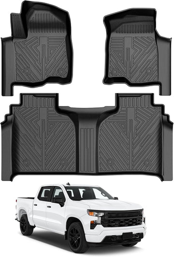Cacartist Floor Mat Compatible with 2019-2025 Silverado 1500/GMC Sierra 1500 & 2020-2025 Chevy Silverado/GMC Sierra 2500HD/3500HD Crew Cab with Rear Underseat Storage Box, Front Bucket