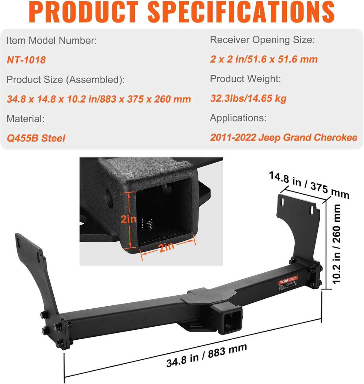 VEVOR Class 3 Trailer Hitch, 2-Inch Receiver, Q455B Steel Tube Frame, Compatible with 2011-2023 Jeep Grand Cherokee, Multi-Fit Hitch to Receive Ball Mount, Cargo Carrier, Bike Rack, Tow Hook, Black