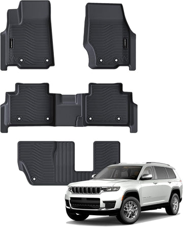 Auxko All Weather Floor Mats Fit for Jeep Grand Cherokee L 2021-2025 2026 | 7 Seat(2nd Row Bench Seat),High Wall,All Season,Odorless,Anti Slip,Rain&Salt Resistant,TPE,Black,Accessories,Pet Friendly