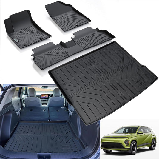 WAYIDSS Floor Mats & Trunk Mat for 2024 2025 Hyundai KONA Electric (Electric Models Only),TPE All Weather Protection 1st & 2nd Row Car Floor Liners Front & Cargo Liners Accessories-Black