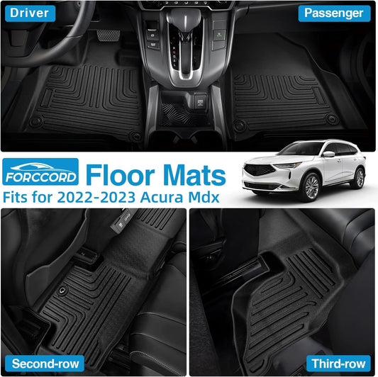 Forccord Custom Fit Car Floor Mats For Acura MDX 2022-2025, All Weather Protection TPE Black Heavy Duty Non-Slip Waterproof 3D 1st , 2nd and 3rd Row Floor Liners, Interior Automotive Accessories