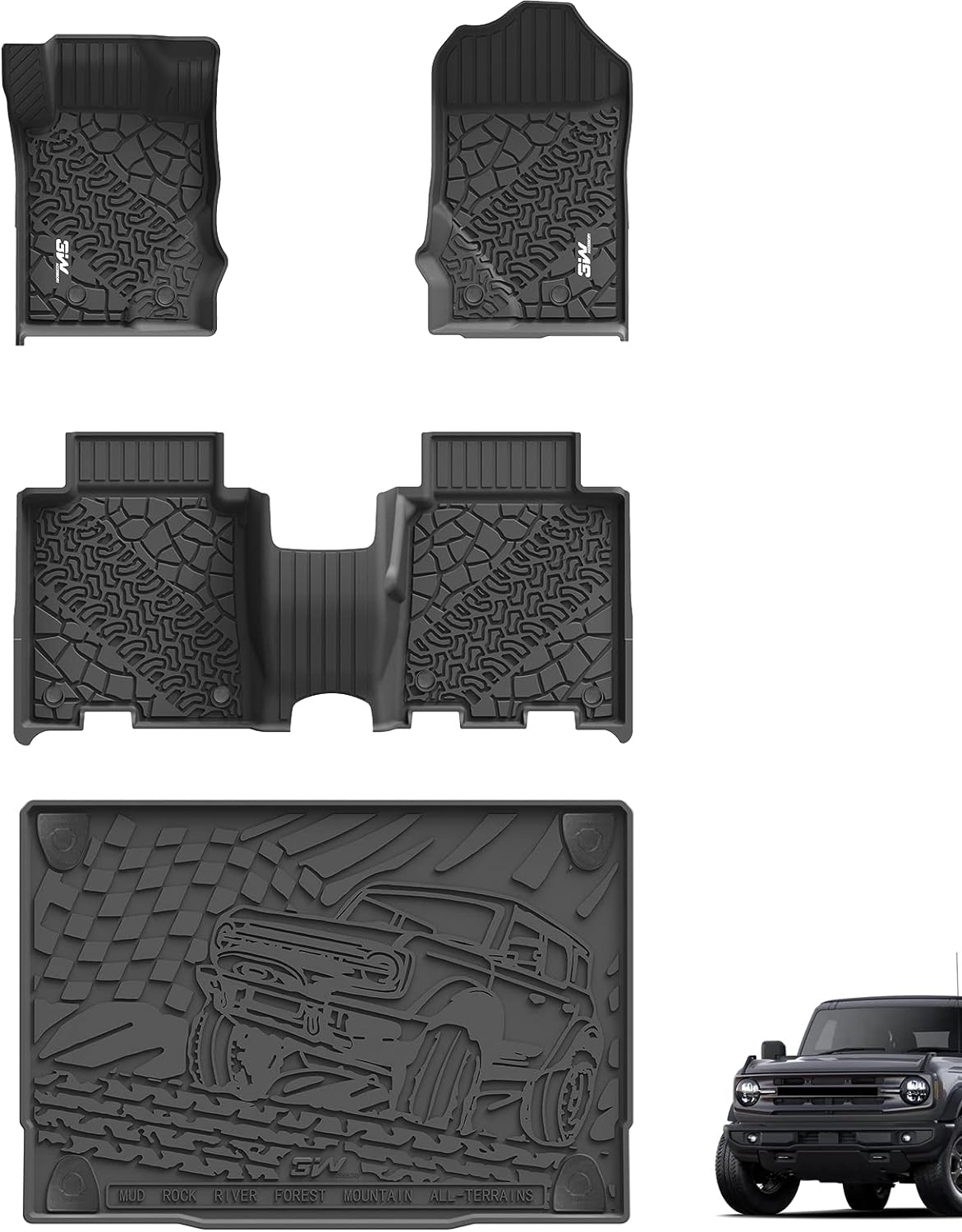 3W Floor Mats &amp; Cargo Liner Compatible for 2021-2024 Ford Bronco 4 Door, TPE All Weather Custom Fit Floor Liner 1st 2nd Row and Trunk Mat Full Set Car Mats, Black (Not for Bronco Sport)