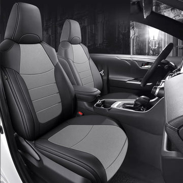 HKZ Custom Fit Seat Covers for Toyota RAV4 2019 2020 2021 2022 2023 2024 RAV4(LE XLE,XLE Premium,Limited) Gas Models Only,5-Seats Full Set, Leather-Black+Grey