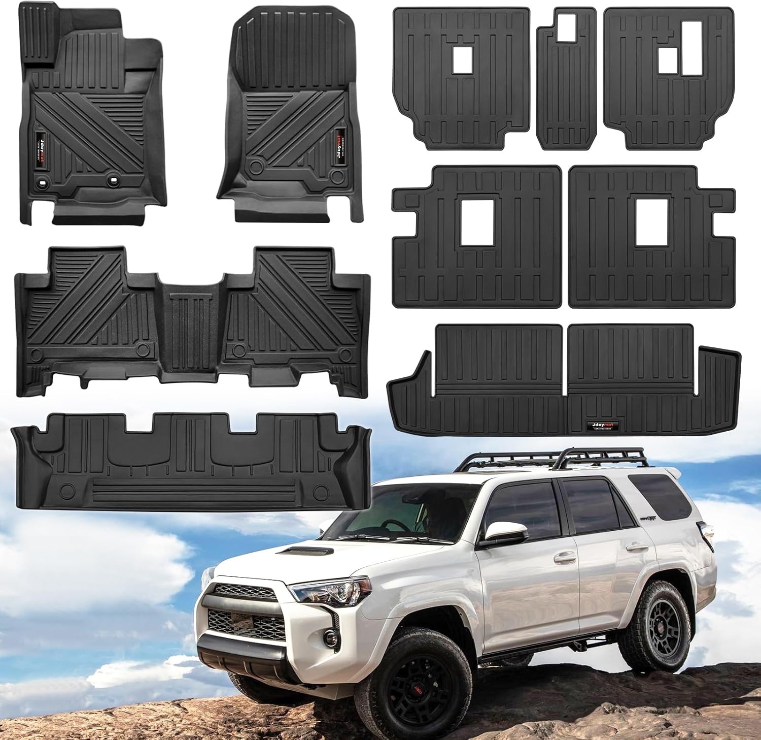 Jdeymat Custom for Toyota 4Runner 2013-2024 Floor Mats 3 Rows Cargo Trunk Liner and 2nd 3rd Backrest Mats Set All Weather TPE Rubber Protector Mat for 4 Runner Accessories (7 Seat Full Set 10 Mats)