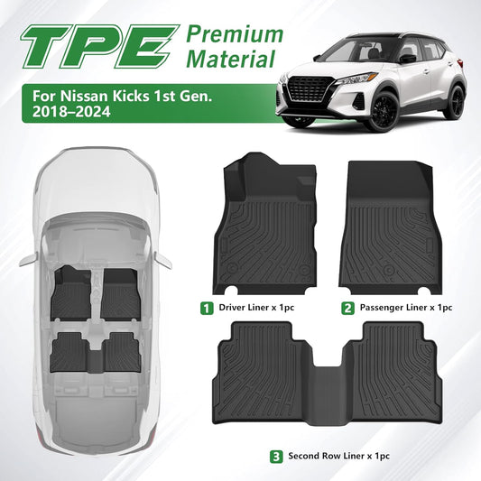 Cacartist Floor Mats Custom Fit for Nissan Kicks 2018-2024 Accessories TPE 3D All Weather Floor Liners for Kicks 1st & 2nd Row