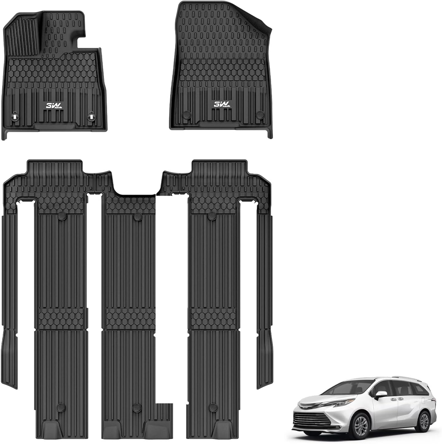 3W Floor Mats Fit Toyota Sienna 2021-2024 2025 (Only for 7 Seat), TPE All Weather Custom Fit Floor Liner for Toyota Sienna 1st, 2nd and 3rd Row, Black