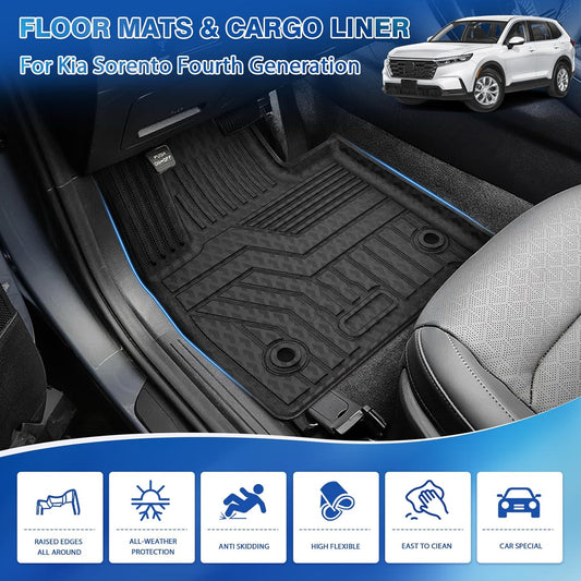 FIILINES Floor Mats & Cargo Liner for Kia Sorento 2021-2025 (Only Fits Bench Seats & 7 Seats) All Custom Weather Waterproof Durable 3 Row Floor Liners and Cargo Mat Set Black