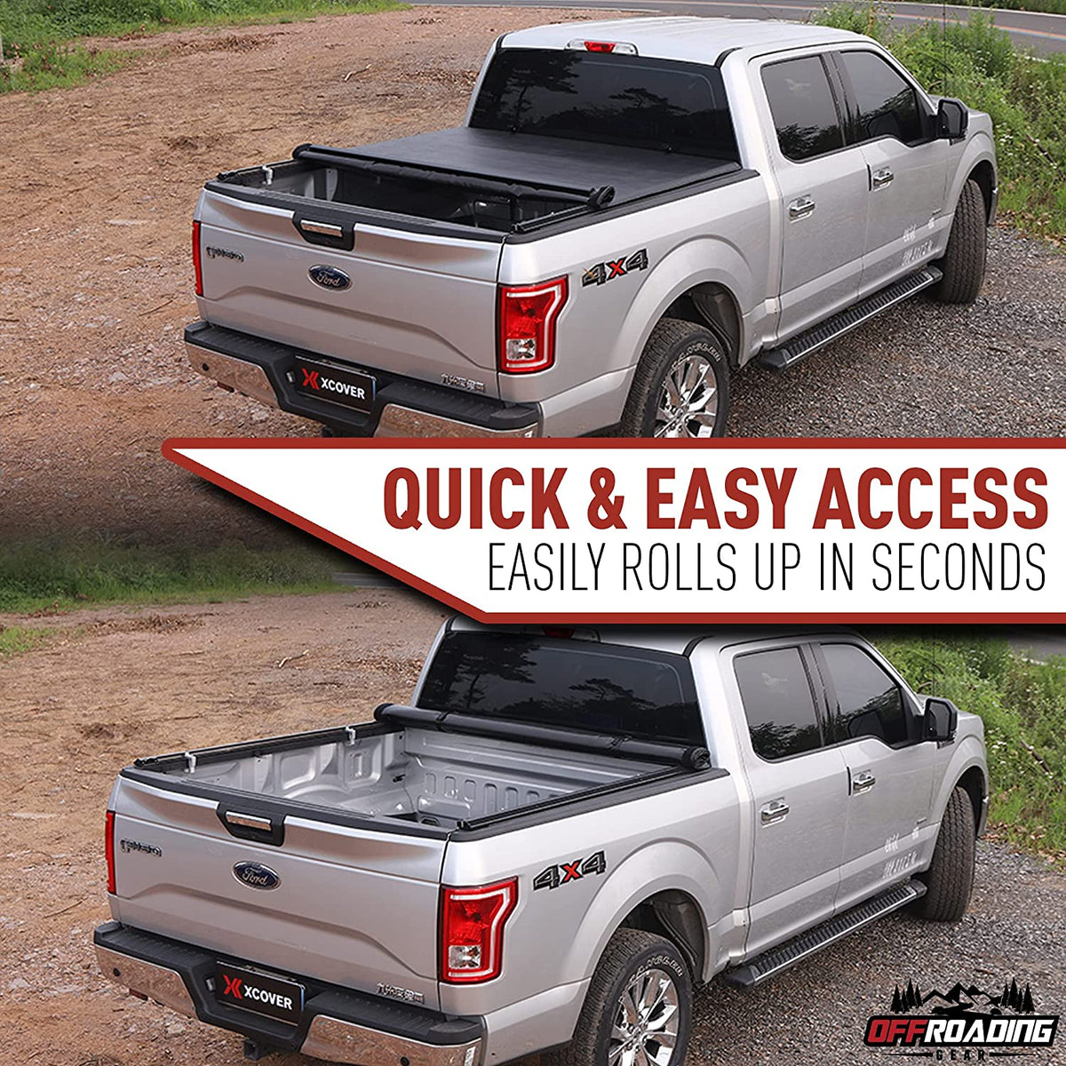Offroading Gear 4x4 Rollup Truck Tonneau Box Cover | Compatible with Ford F150 2015-2023 | Fits Standard Short Bed 5.8&#39;| Heavy-Duty| Waterproof| Dust-Resistant|