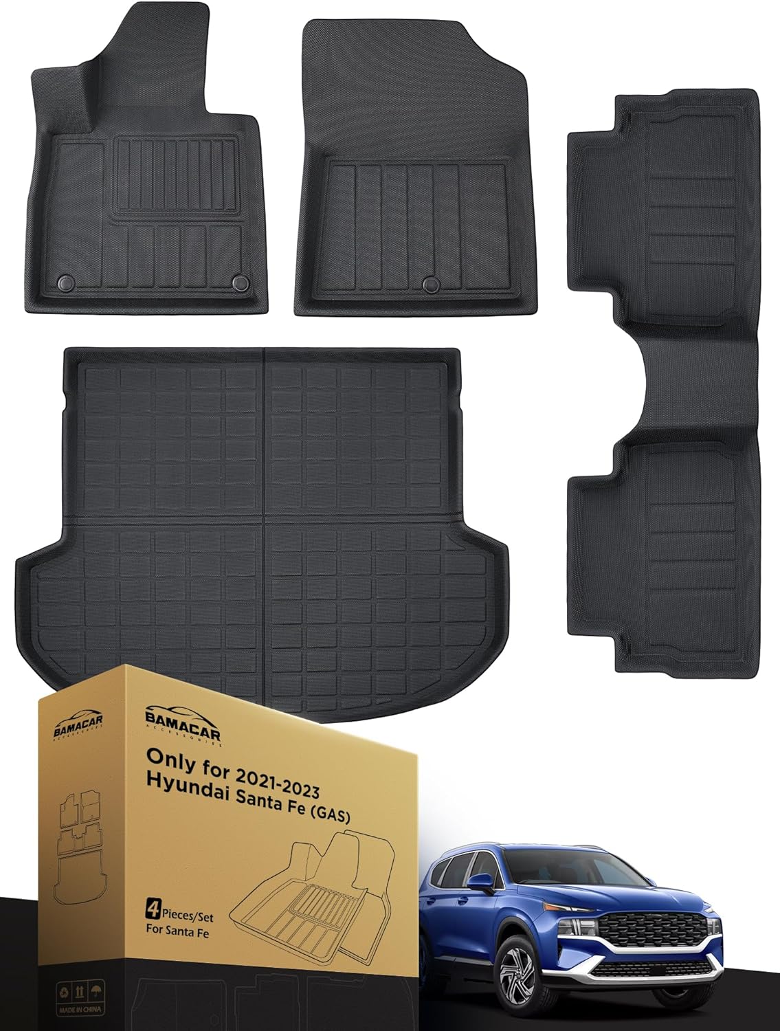 BAMACAR® for Hyundai Santa Fe Floor Mats 2024 2023 2022 2021(Gas ONLY) All Weather First &amp; Second Row  and Cargo Liner