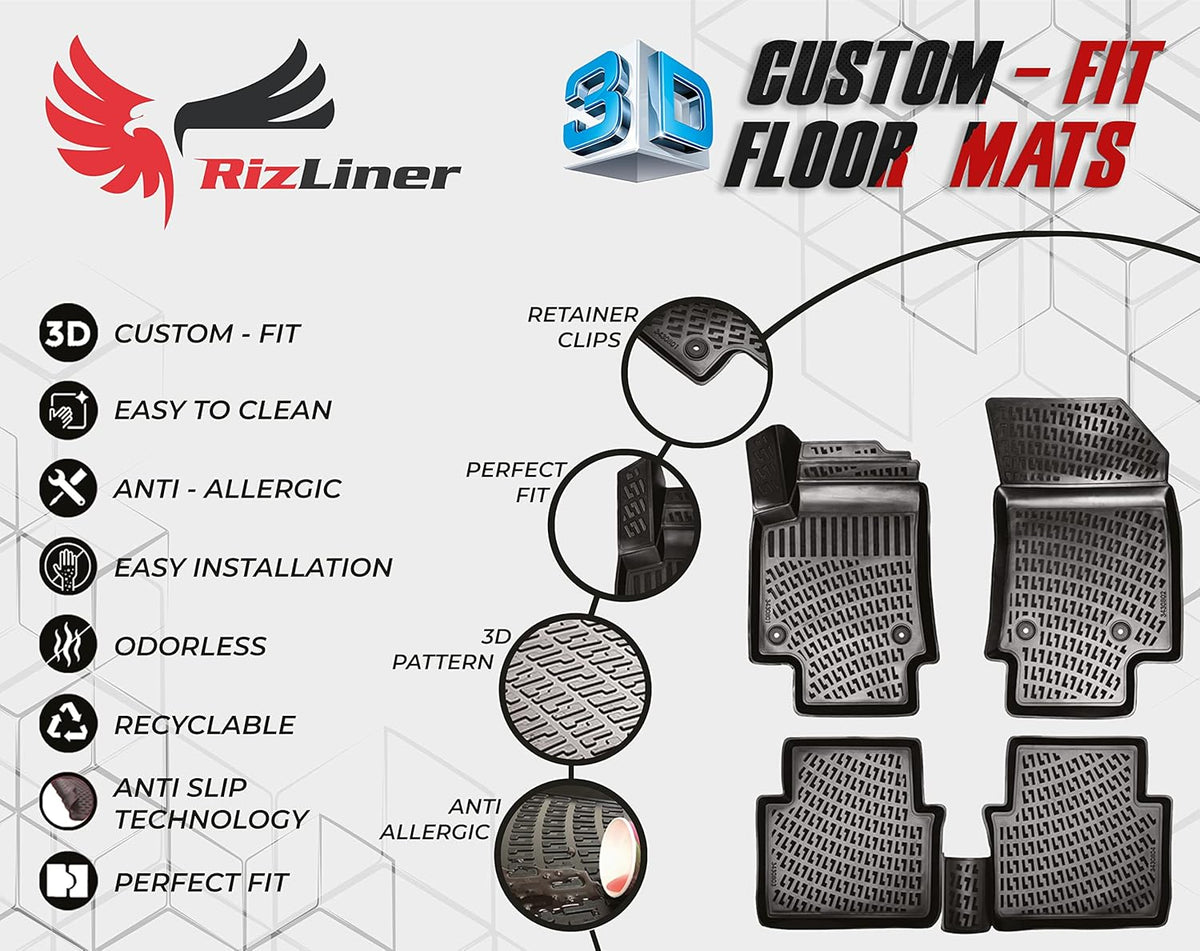 RizLiner Mitsubishi Outlander 2022-2025 (No PHEV or Sport Models) Floor Mats Custom Fit 3D Rubber Car Mats Laser Measured Floor Liners All Weather Waterproof Non-Slip (Front &amp; Rear)