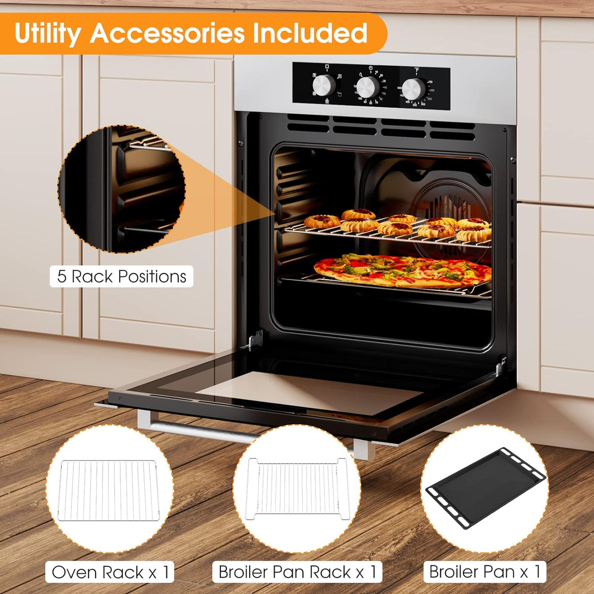 Costway 24&quot; Single Wall Oven 2.47Cu.ft Built-in Electric Oven 2300W w/ 5 Cooking Modes