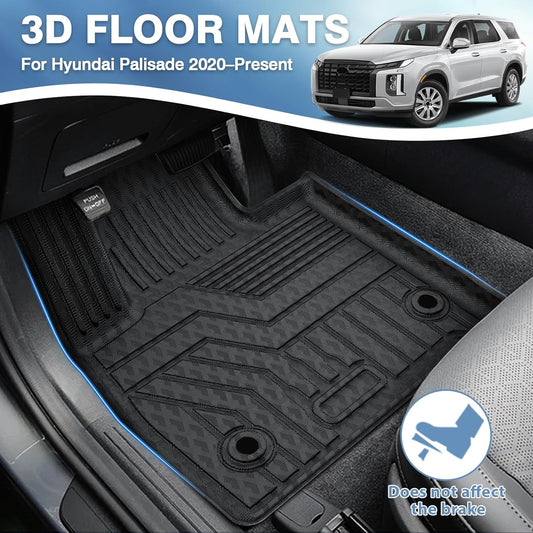 FIILINES Floor Mats for Hyundai Palisade with 2nd Row Bucket Seats 2020-2025, 3D All Weather Floor Liners Waterproof Durable 1st & 2nd & 3rd Row Liner Set Black