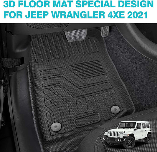 Cacartist Floor Mats Fit for Jeep Wrangler 4XE 2021-2024 4-Door, All Weather Floor Liner for Wrangler 4XE Accessories 1st & 2nd Row TPE Odorless (Not for JL or JK)