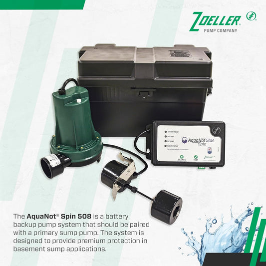 Zoeller 508-0005 1/3 HP 35 GPM 1-1/2-Inch Discharge Aquanot Spin 508 Automatic Self-Testing Battery Backup Sump Pump System with Vertical Float Switch