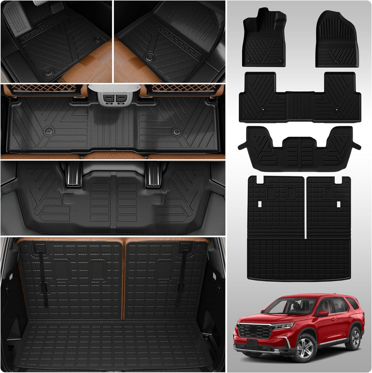 Thinzyou Floor Mats Compatible with 2023 2024 Honda Pilot Cargo Mat Trunk Mat Trunk Liner TPE All Weather Back Seat Cover Protector Pilot Accessories (Trunk Mat with Backrest Mats+Floor Mats)