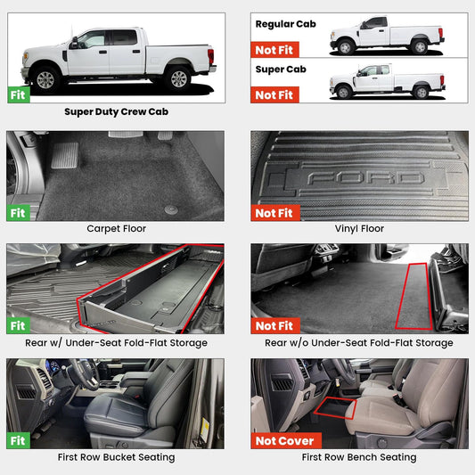 LASFIT Floor Mats for Ford F250/F350/F450/F550 2017-2025 Super Duty Crew Cab w/fctry Strg Box & Carpet, All Weather TPE Floor Liner for F-250/F-350,1st & 2nd (Bucket Seat) Car Mats, Black