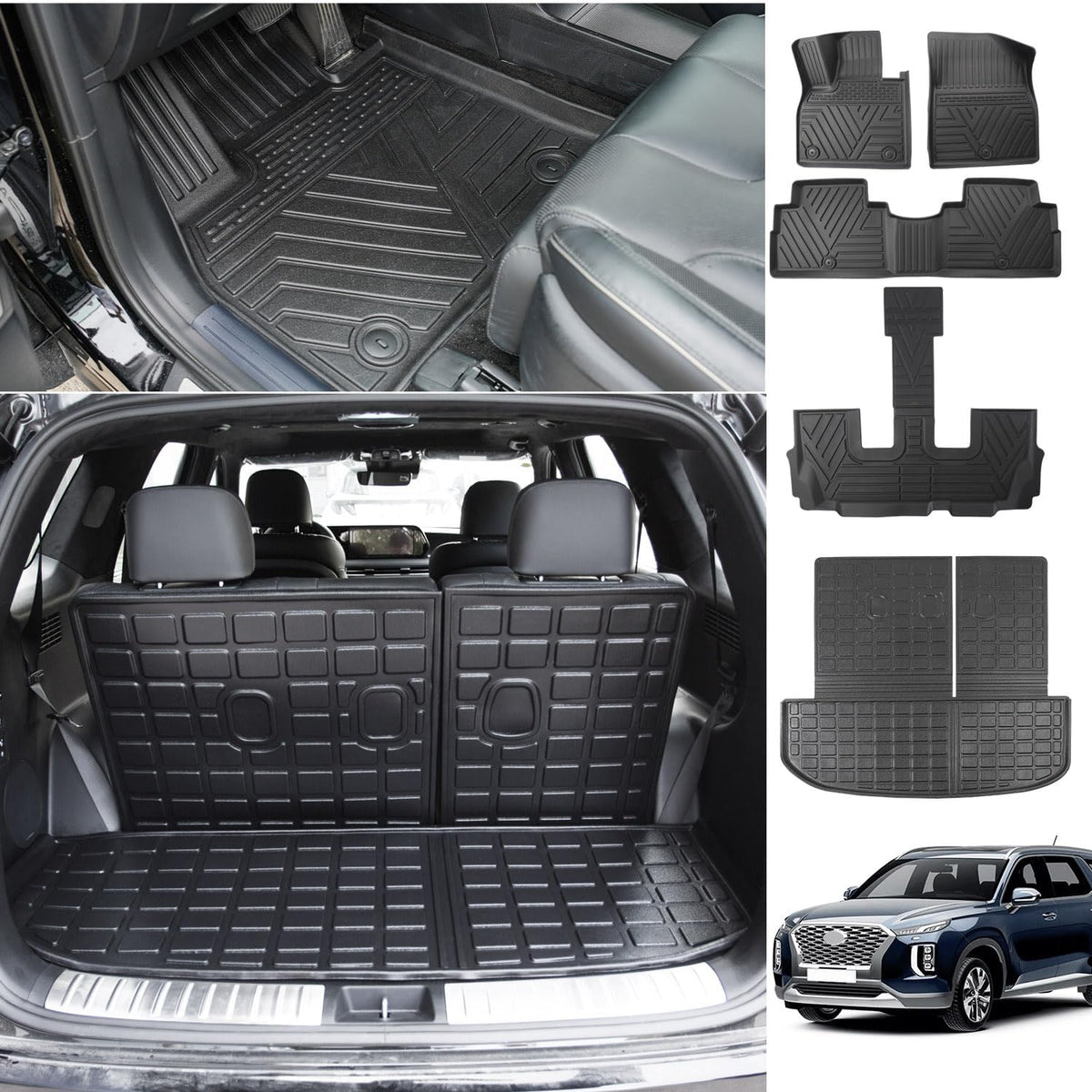 Powoq Compatible with 2020-2024 Hyundai Palisade Floor Mat Cargo Mat Backrest Mat Replacement for 2020-2022 2023 2024 Hyundai Palisade 7&amp;8 Seats Accessories (Trunk Mat with Backrest Mat+Floor Mat)