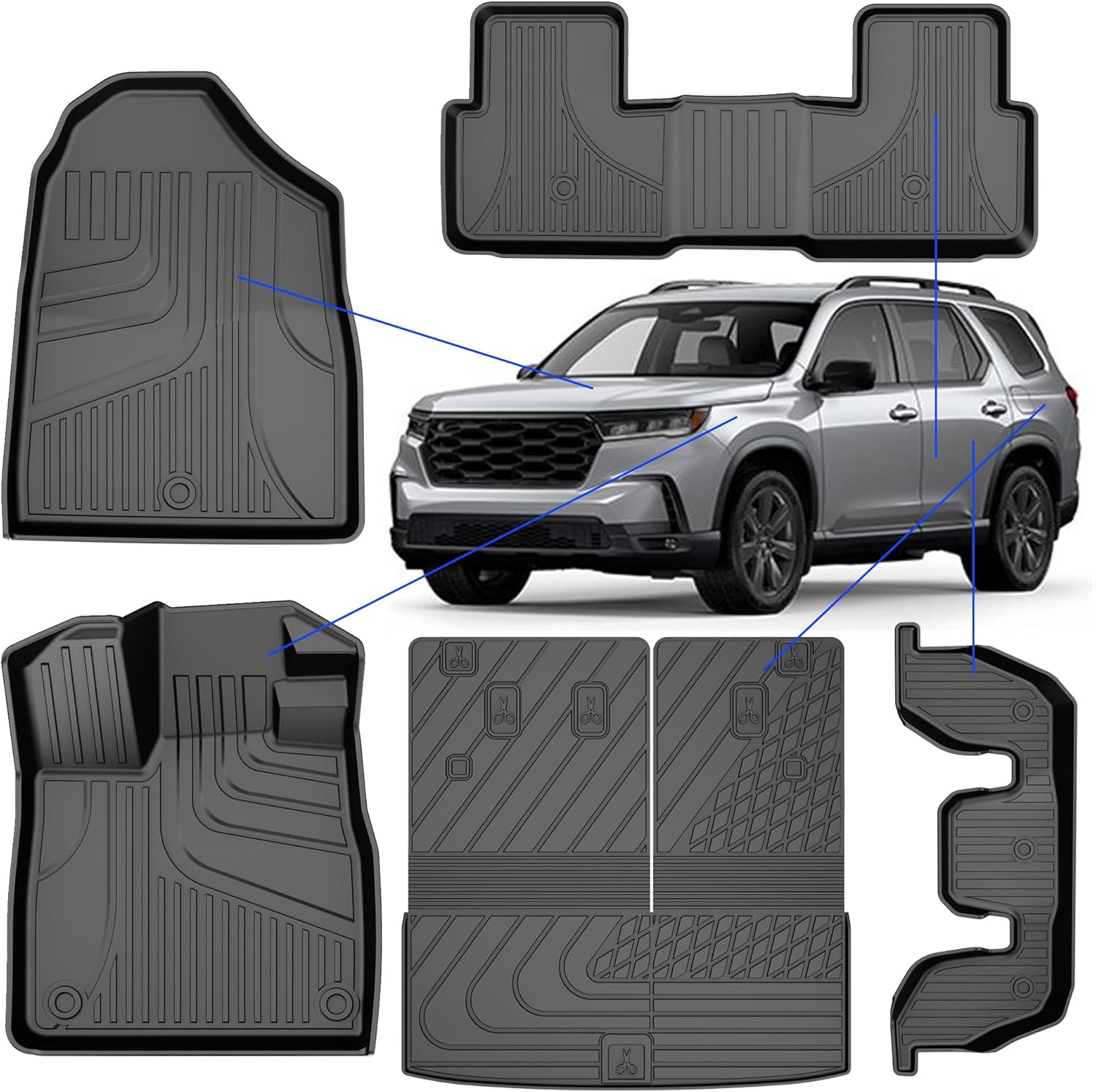 AOMSAZTO Floor Mats Compatible with 2023 2024 2025 Honda Pilot Trunk Mat Cargo Mat Cargo Liner Back Seat Cover Protector Pilot Accessories (Trunk Mat with Backrest Mat+Floor Mats)