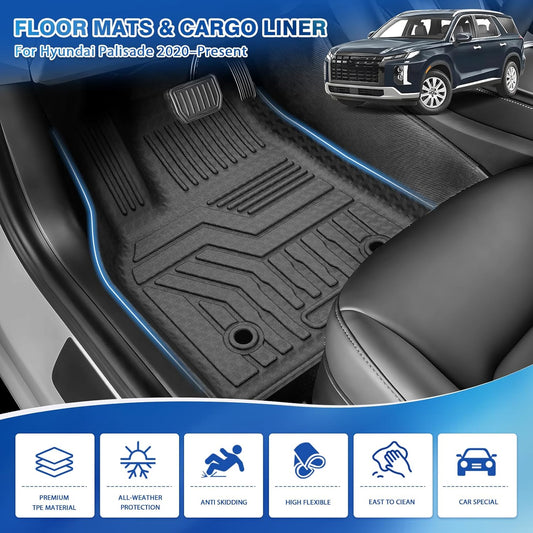 FIILINES Floor Mats & Cargo Liner for Hyundai Palisade 7-Seater 2020-2025, All Weather 3 Rows Floor Liners and Cargo Mat Set Black