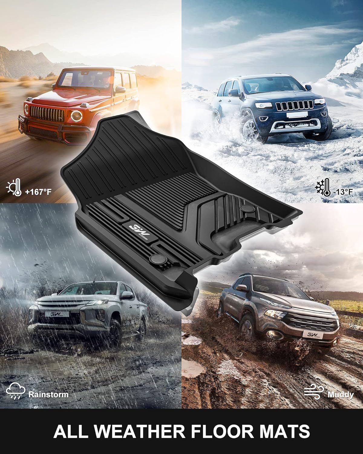 3W Floor Mats Fit for 2019-2024 Dodge Ram 1500 Crew Cab New Body (NOT Classic Models) with Original Storage All Weather TPE Accessories Custom Fit Dodge Ram 1500 Floor Liner Full Set Car Mats