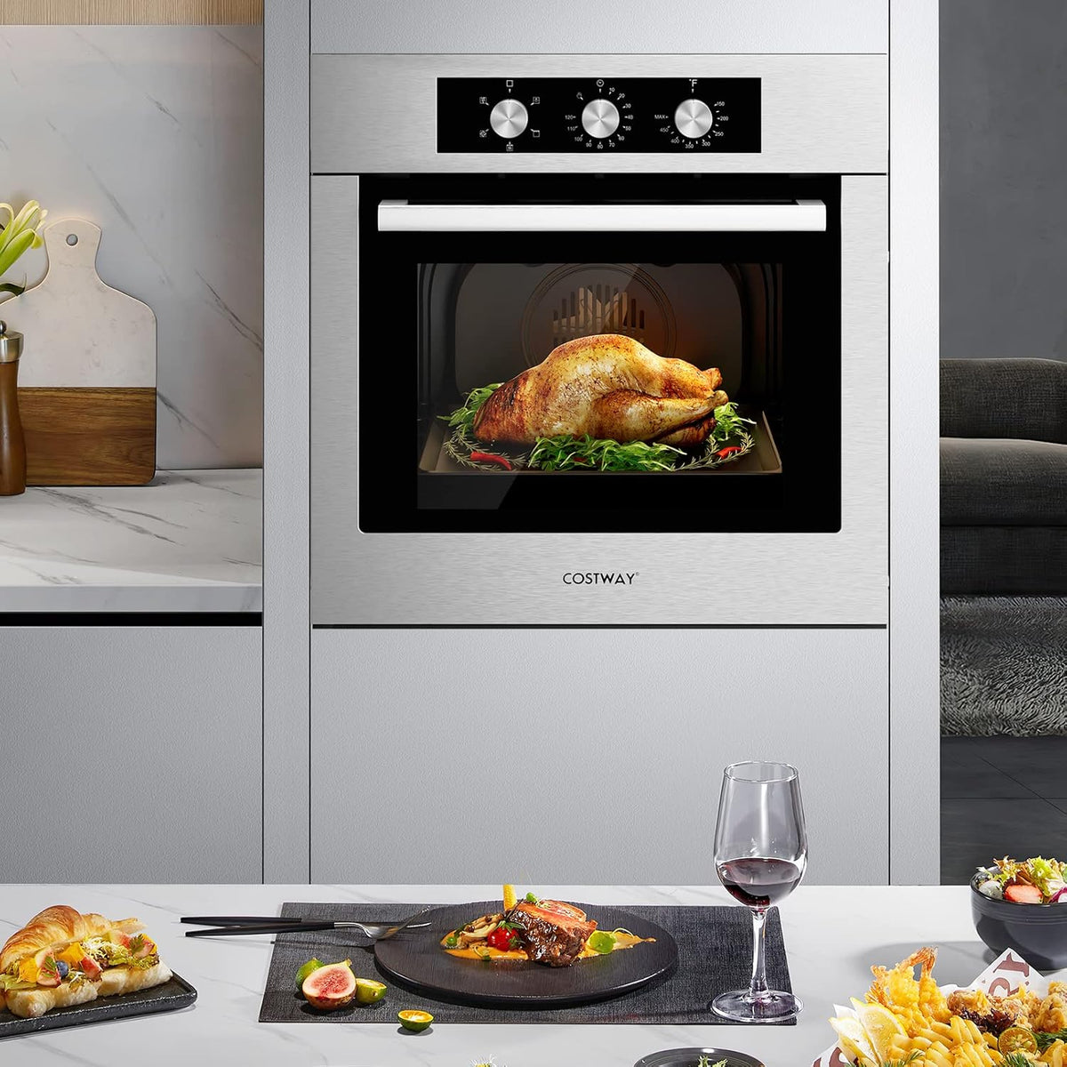 Costway 24&quot; Single Wall Oven 2.47Cu.ft Built-in Electric Oven 2300W w/ 5 Cooking Modes