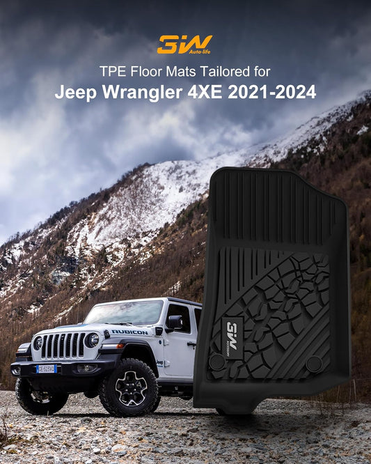 3W Floor Mats Fit for Jeep Wrangler 4XE 2021-2024 Hybrid 4 Door (Non JL or JK) All-Weather TPE Non-Silp Odorless Black Floor Liner for 1st and 2nd Row Full Set Car Mats Grey Logo 10+ Years Lifespan