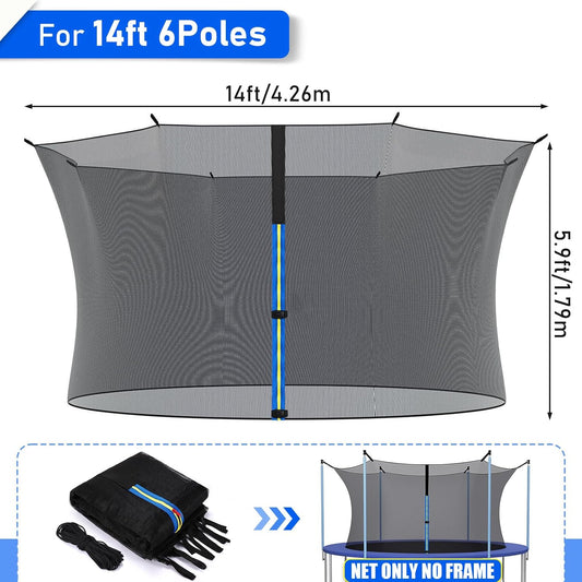 TOBWOLF 14FT Trampoline Replacement Safety Net, (Net Only Poles Not Included) Trampoline Enclosure Net for 6 Straight Poles Frame Trampolines, Breathable Round Trampoline Net with Adjustable Straps