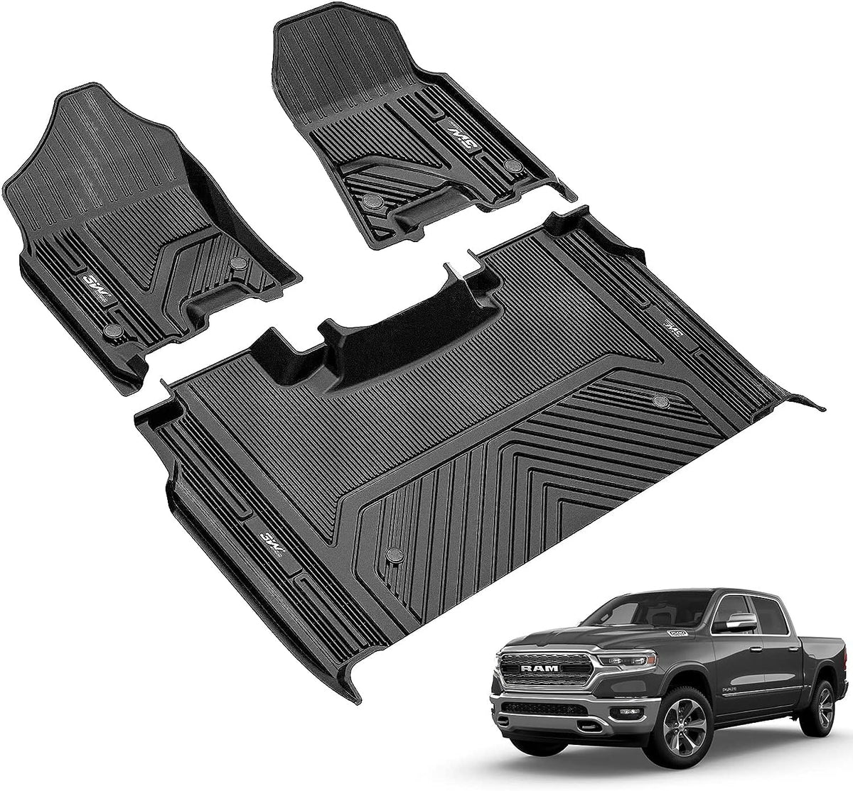 3W Floor Mats Fit for 2019-2024 Dodge Ram 1500 Crew Cab New Body (NOT Classic Models) with Original Storage All Weather TPE Accessories Custom Fit Dodge Ram 1500 Floor Liner Full Set Car Mats