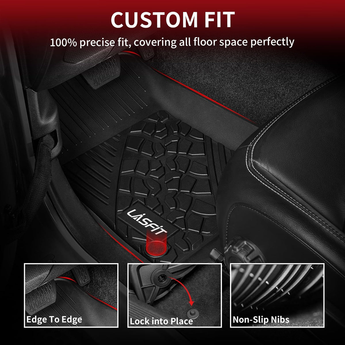 LASFIT Floor Mats Fit for 2018-2024 Jeep Wrangler JL Unlimited 4 Door Only (Not Fit for JK or 4XE), TPE All Weather Car Liners,Custom Fit 1st &amp; 2nd Row Floor Liners, Black