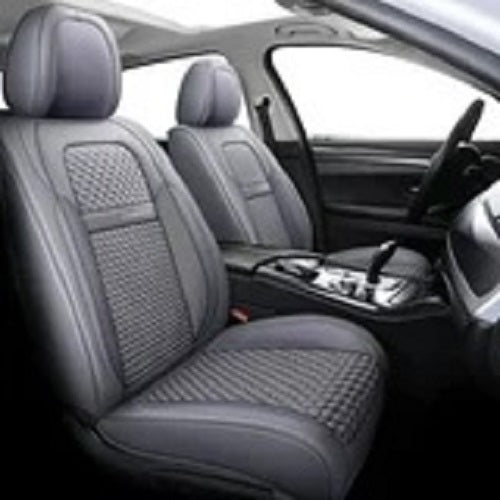 Coverado Front and Back Seat Covers Full Set 5 Seats Faux Leather &amp; Woven Fabric, Gray