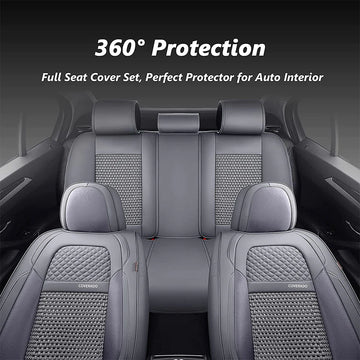 Coverado Front and Back Seat Covers Full Set 5 Seats Faux Leather & Woven Fabric, Gray