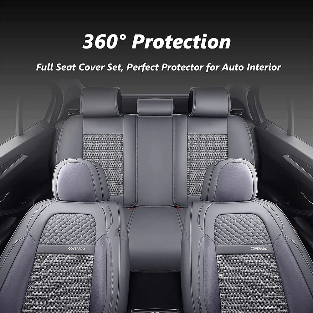 Coverado Front and Back Seat Covers Full Set 5 Seats Faux Leather &amp; Woven Fabric, Gray