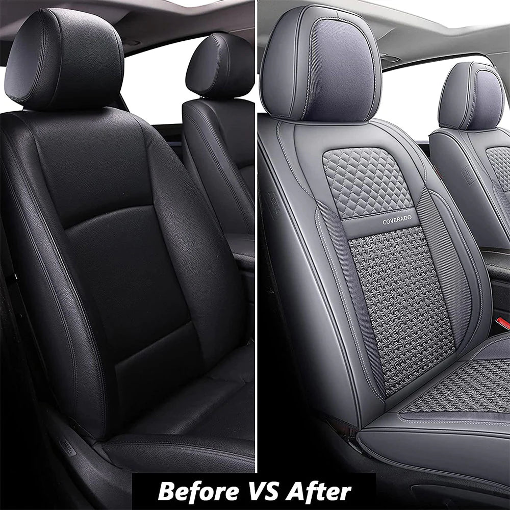 Coverado Front and Back Seat Covers Full Set 5 Seats Faux Leather &amp; Woven Fabric, Gray