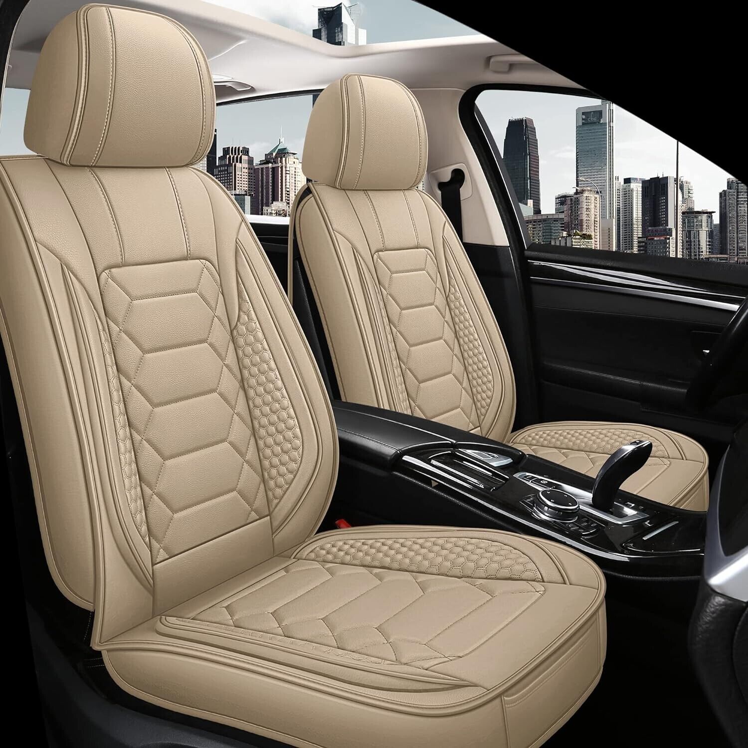 HAIYAOTIMES Beige Universal Car Seat Covers Front Set, Waterproof Faux Leather