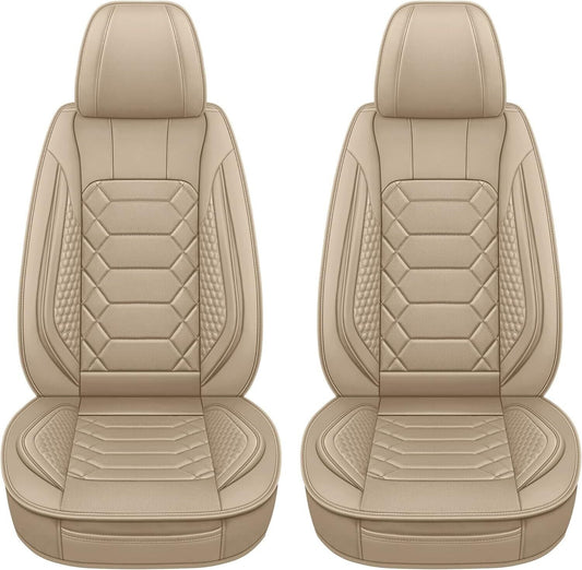 HAIYAOTIMES Beige Universal Car Seat Covers Front Set, Waterproof Faux Leather