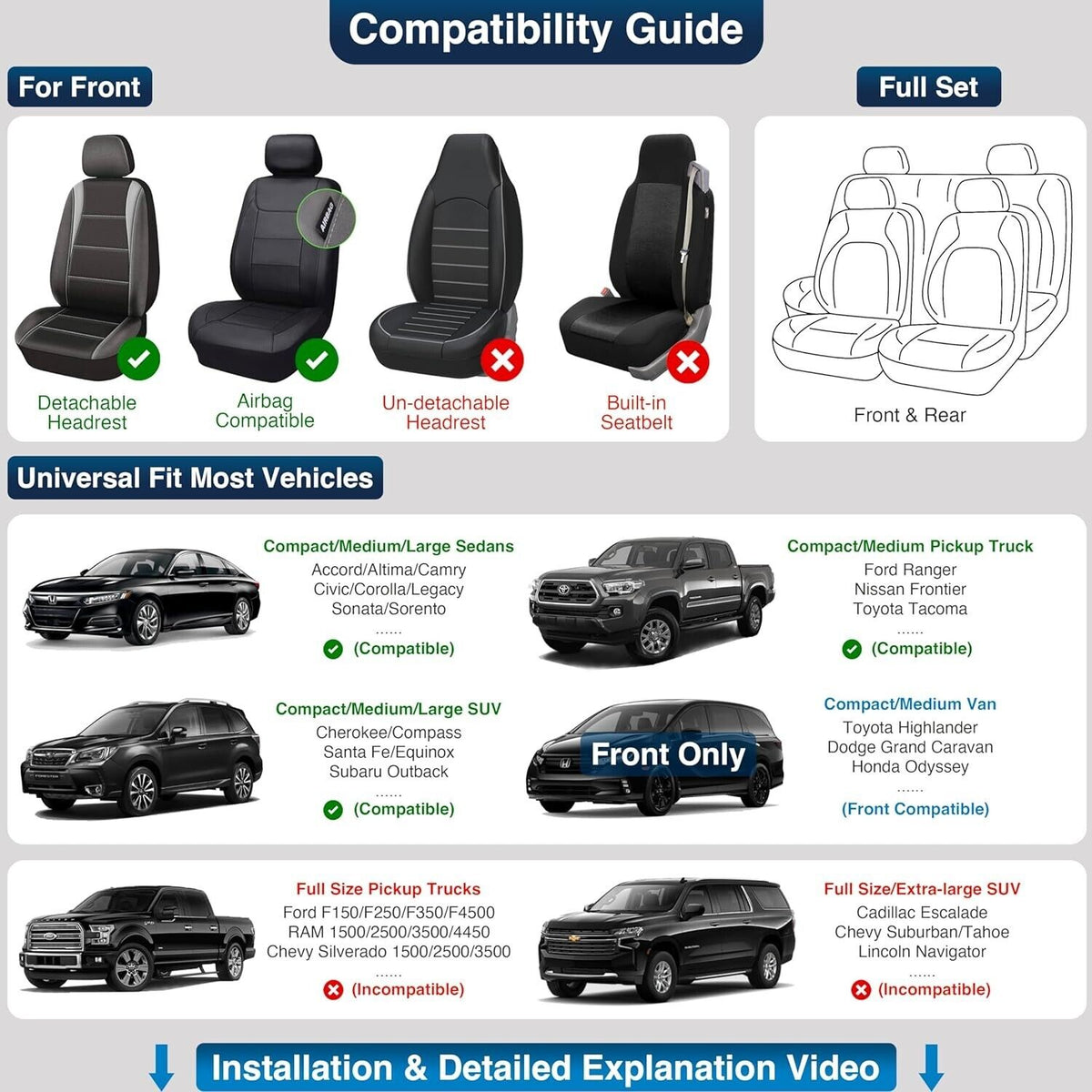 OASIS AUTO Car Seat Covers Accessories Full Set Premium Nappa Leather SUV Truck