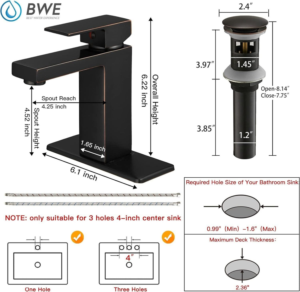 BWE Bathroom Sink Faucet Oil Rubbed Bronze Single Hole Modern Single Handle Bathroom Faucet with Pop Up Drain Assembly with Overflow and Supply Line Vanity Bath Mixer Tap Faucet Lead-Fre