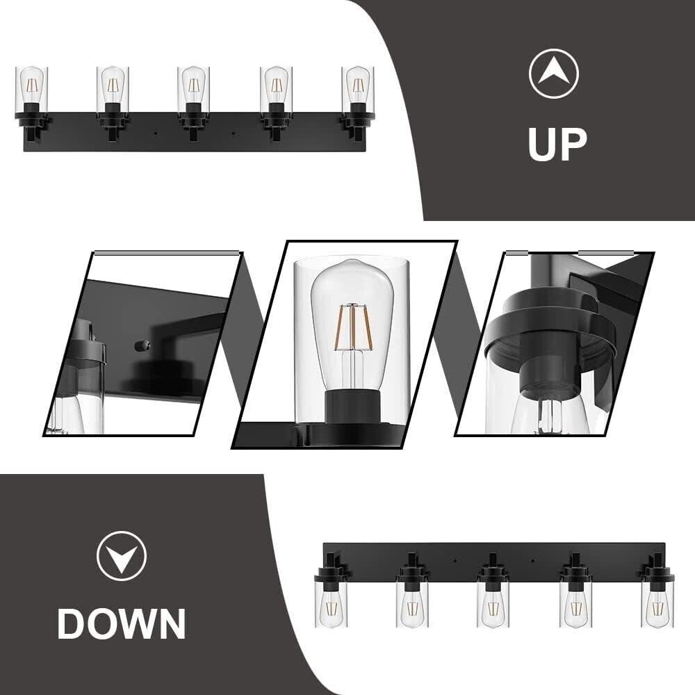 VINLUZ Black Industrial Vanity Light fixture with Clear Glass Shade 5-Lights