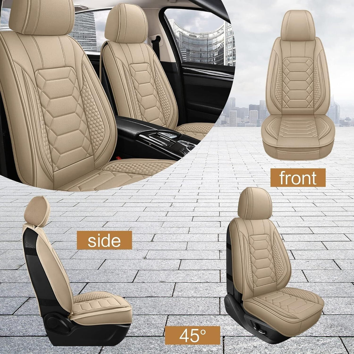 HAIYAOTIMES Beige Universal Car Seat Covers Front Set, Waterproof Faux Leather