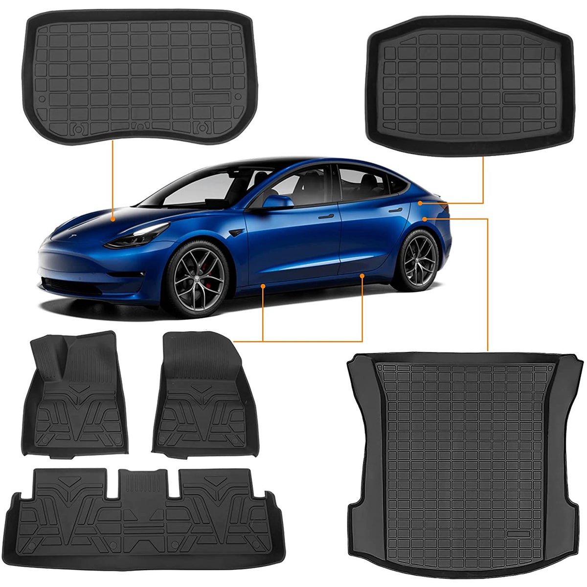 Bomely Tesla Model 3 6PC All Weather Floor Mats Including Trunk And Cargo Liner